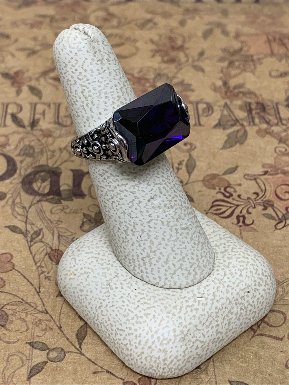 Beautiful Cubic Zirconia Purple Amethyst and Stainless Steel Ring Size 6